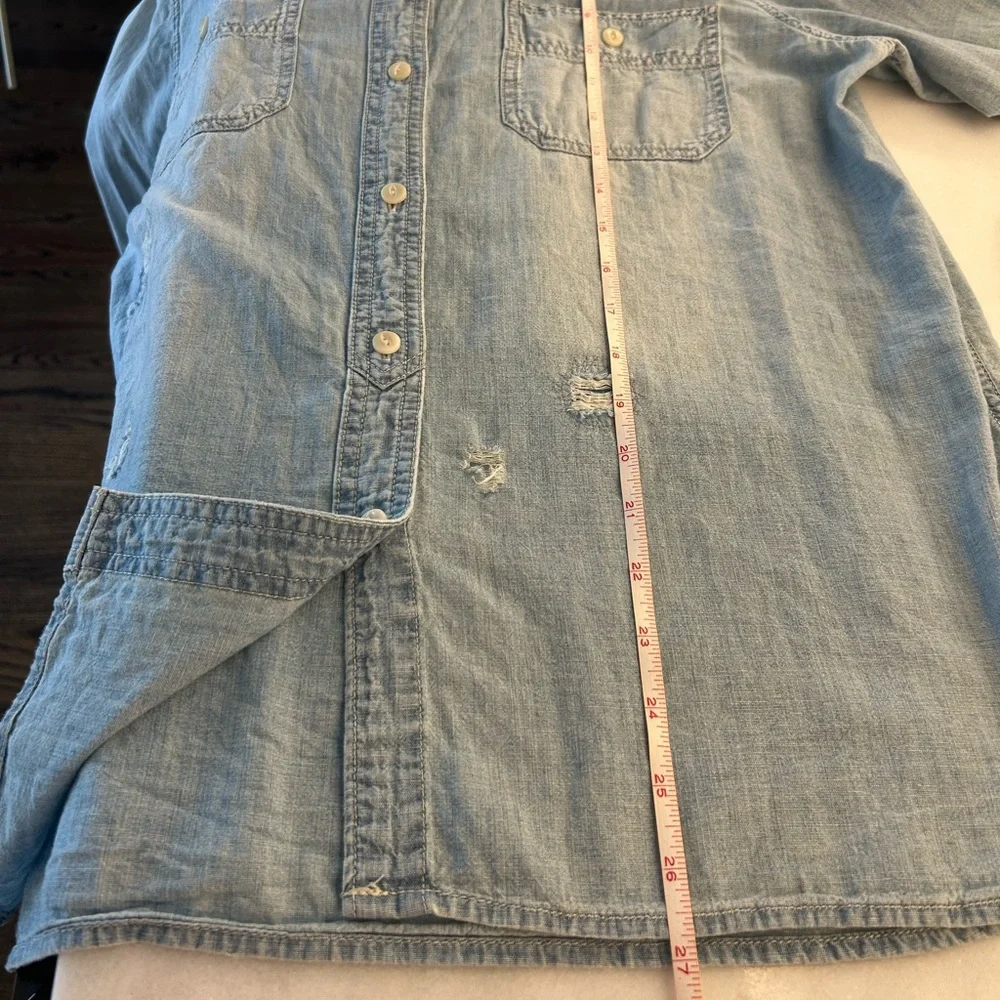 Madewell Rip & Repair Distressed Chambray Denim Button-Up Shirt - Picture 9 of 13